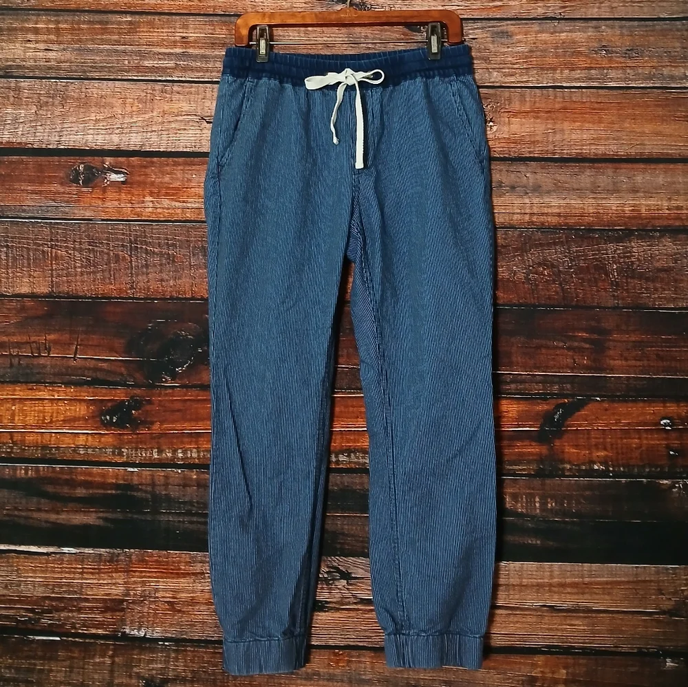 J Crew Jogger Pants 2 Ankle Navy Blue Striped 100% Cotton Drawstring Pockets